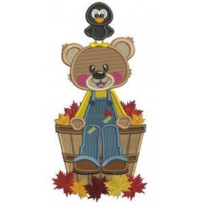 Bear Sitting On The Bucket Filled With Fall Leaves Filled Machine Embroidery Design Digitized Pattern